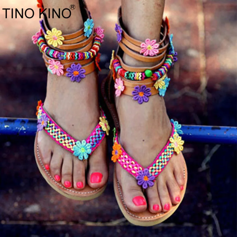 

TINO KINO Women Flower Flat Ethnic Summer Sandals Ladies Zip String Bead Thong Shoes Female Plus Size Gladiator Fashion Casual