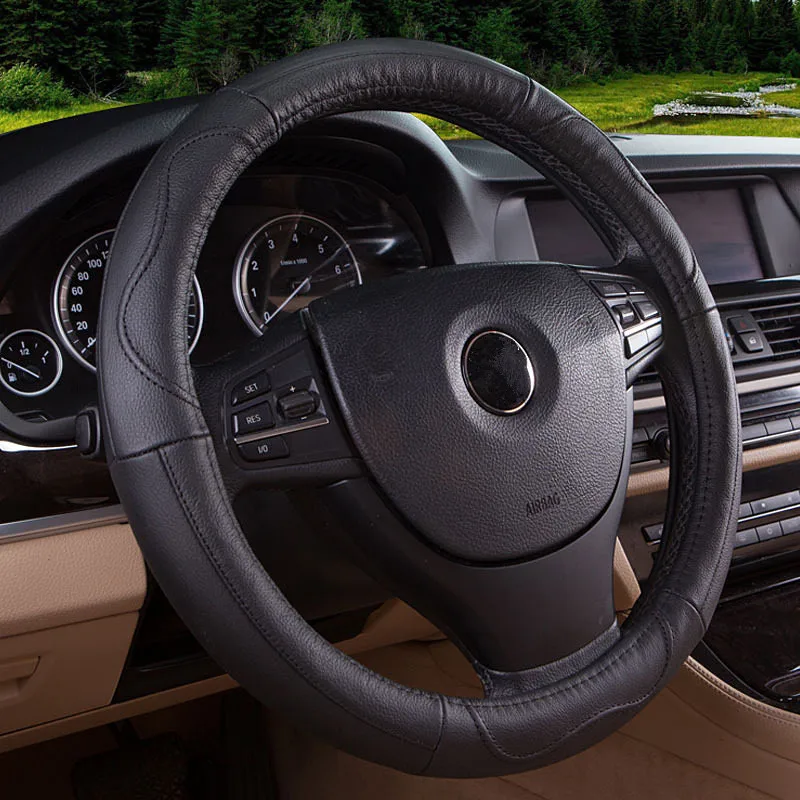 

Universal 38cm Black Genuine Leather Car Steering Wheel Cover Anti-skid Beige Gray Auto Steering Covers Interior Styling