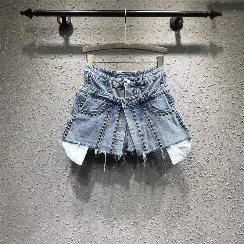 

[EWQ] 2019 Spring Summer New Patter Denim Patchwork Fake Two Piece Heavy Work Beaded Edge High Waist Loose Shorts AG02605XL