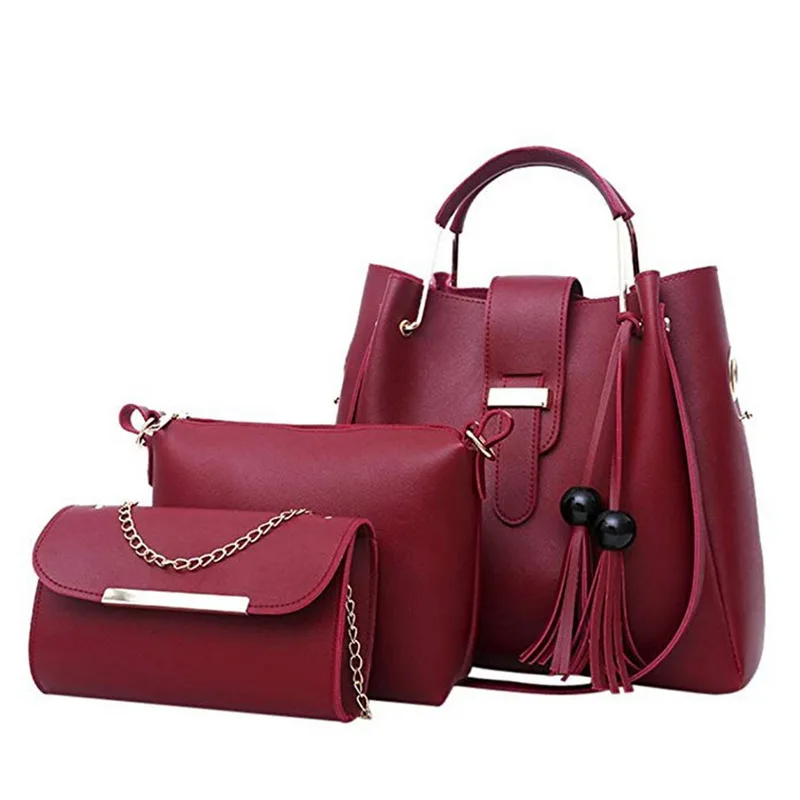 3Pcs/Set Bags For Women Handbag PU Leather Shoulder Bags Casual Tote Tassel Top Handle Designer Bag Composite Messenger Bag - Цвет: 2-LX3015red