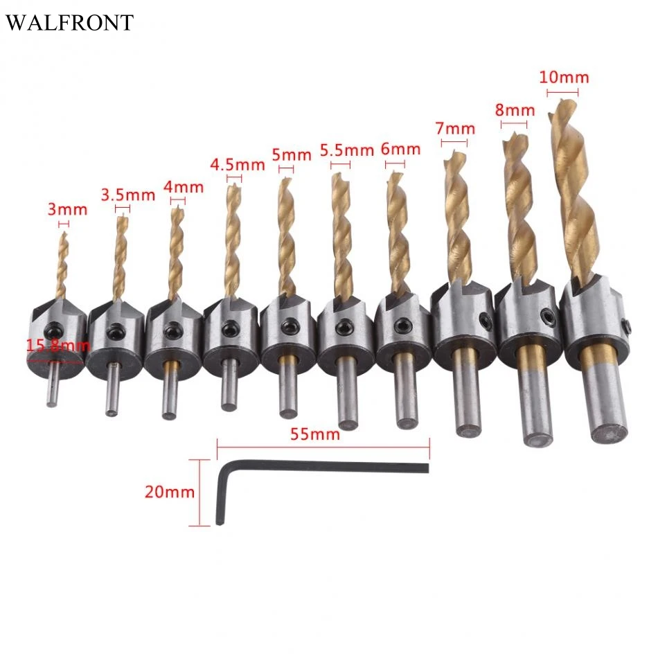 3 4 5 6 7 8 10mm Counter Sink Drill Bit Woodworking Round Shank With Hex Key New