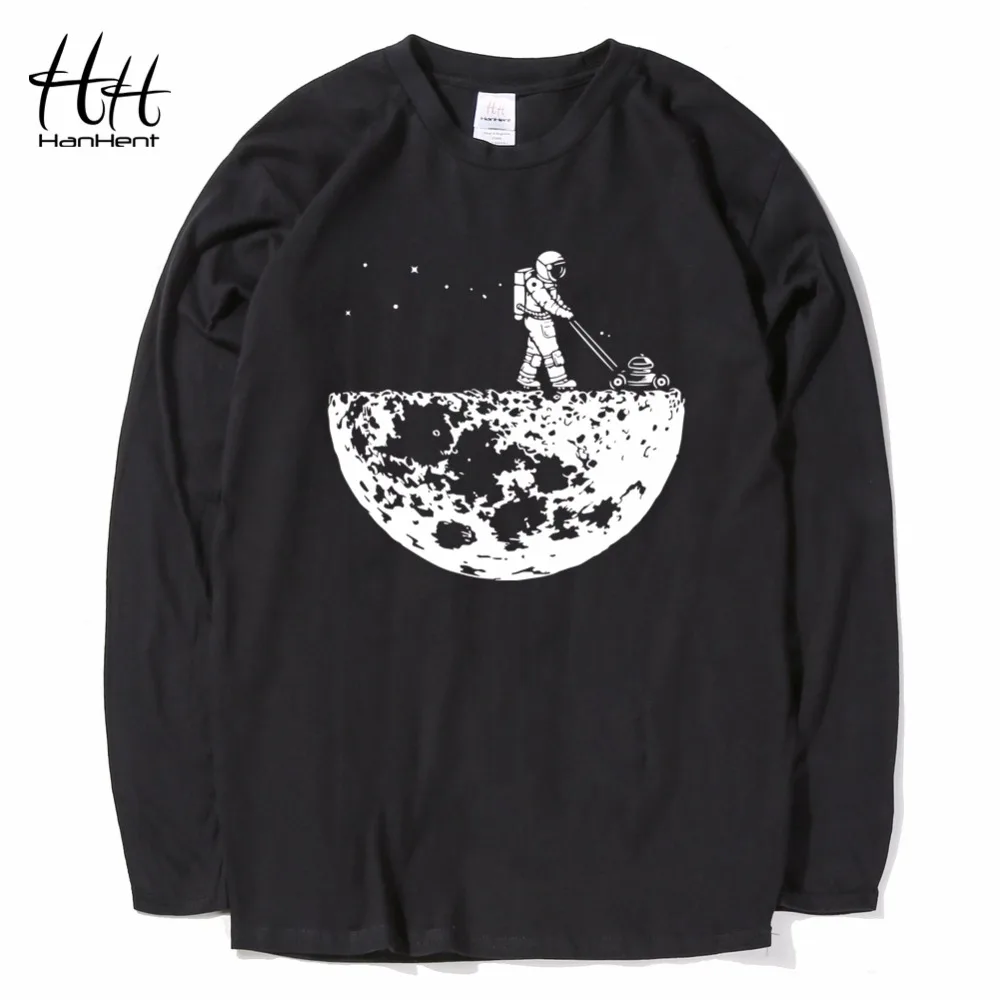 

HanHent Moon Printing Long Sleeve T shirt Men Spring Crew neck Full sleeve T-shirt Space Cotton Tops Tees Black Camisetas Hombre