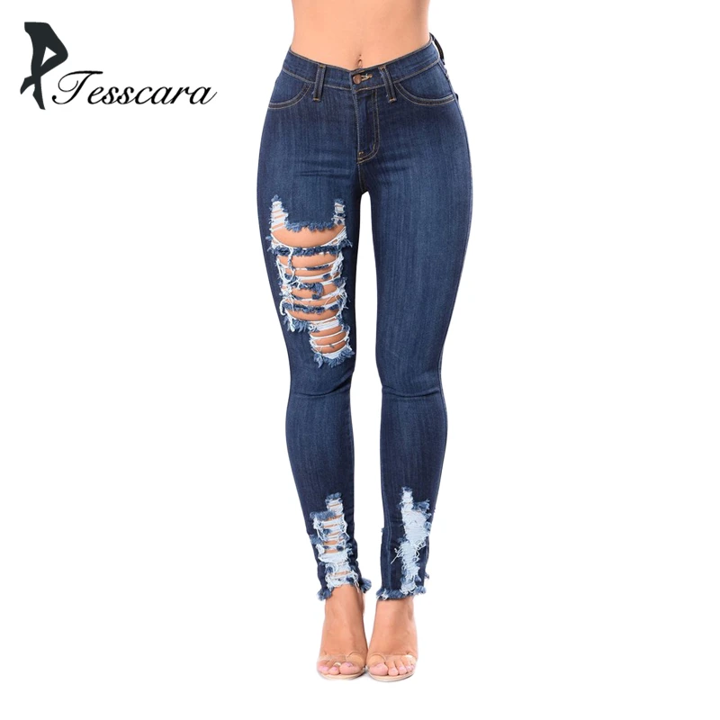 Women Skinny Slim Pencil Jeans Pants Female Mid Waist Hole Ripped Tassel Plus Size Jeanse Girl
