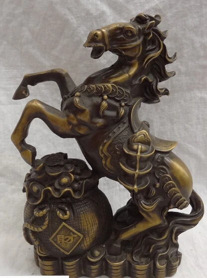 

4015++11" Chinese Bronze Zodiac Cai Wealth YuanBao Bag Coin Up Horse Statue Figurine