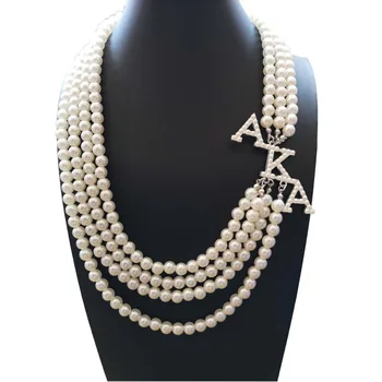 

Topvekso Greece Greek Sorority Fashion White Pearl AKA Pendant Multilayer Statement Jewelry Long Choker