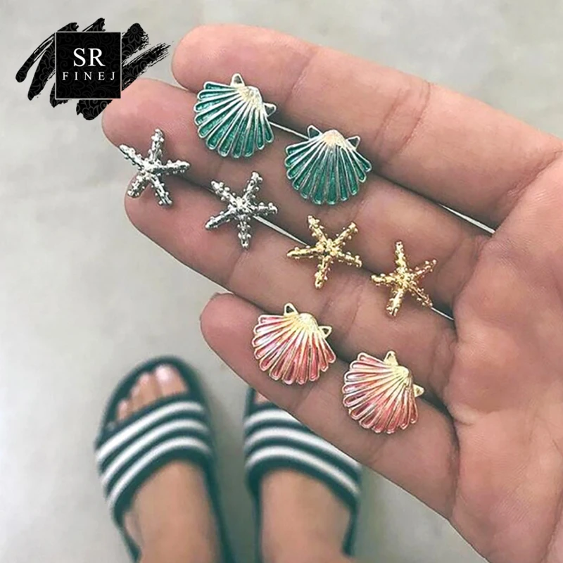 

SR:FINEJ Starfish Shell Multicolored Stud Earrings for Women Wedding Bohemian Summer Beach Boucle D'oreille Jewelry Brincos