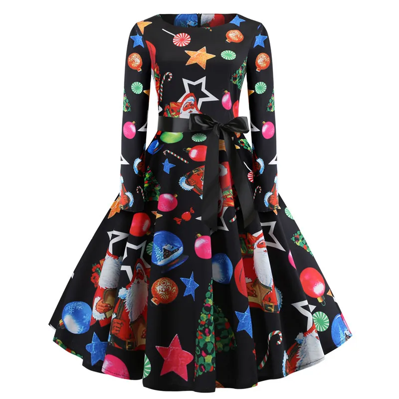 Kostlich Christmas Elegant Swing Rockabilly Dresses O-Neck Long Sleeve Women Dress With Sashes Audrey Hepburn 50s Vintage Dress  (35)