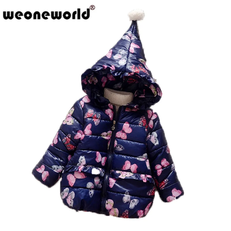 WEONEWORLD/зимняя куртка детские пуховики для девочек, пальто детская одежда с капюшоном и принтом бабочки пуховики Верхняя одежда для девочек