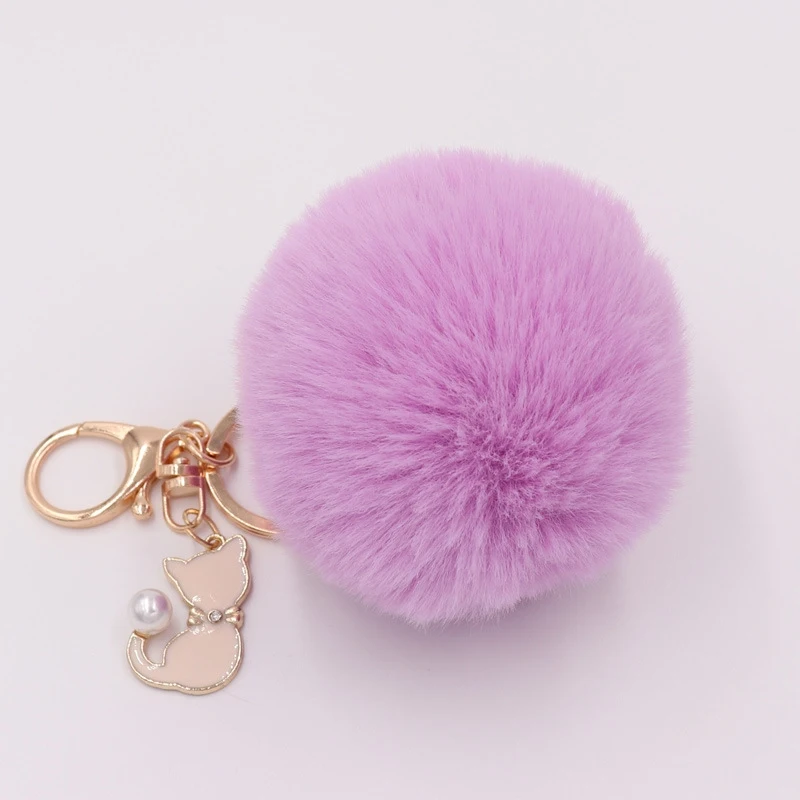 Милый розовый Кот меховой брелок помпон искусственный мех мяч брелок пушистый помпон брелок сумка талисманы брелок Llaveros Chaveiros - Цвет: Light Purple