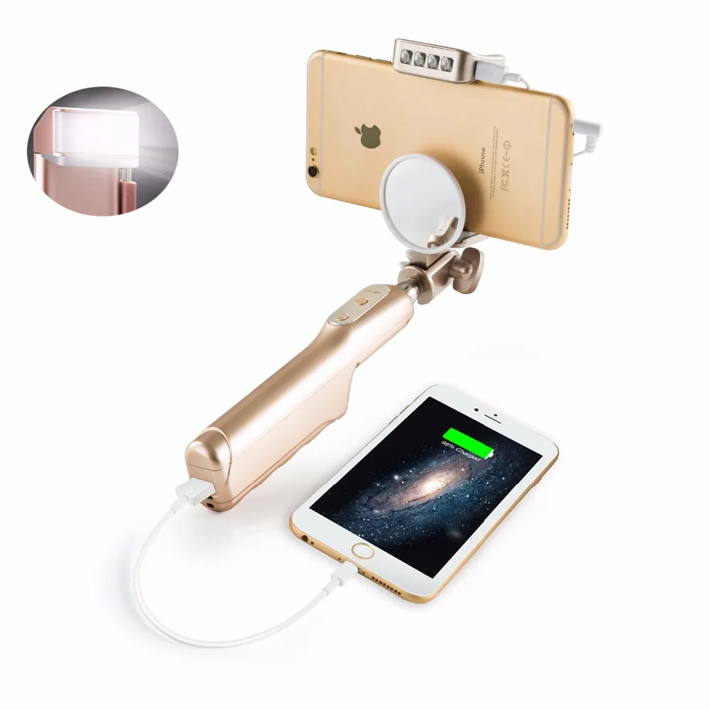 Портативный выдвижной ручной монопод с зеркалом, проводная селфи-палка, светодиодный светильник, Дополнительный внешний аккумулятор для телефона Iphone 5 6 6s 7
