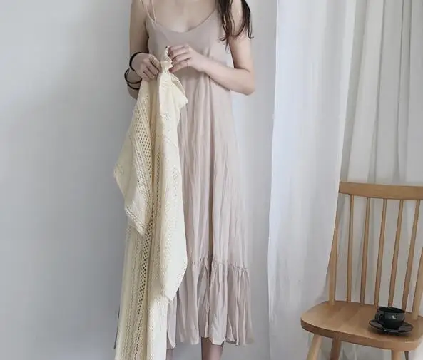 Summer Fashionable Korean Style Two Pieces Female Dress Chic Hollow Out Solid Knitting Blouse All-match Spaghetti Strap Dress8