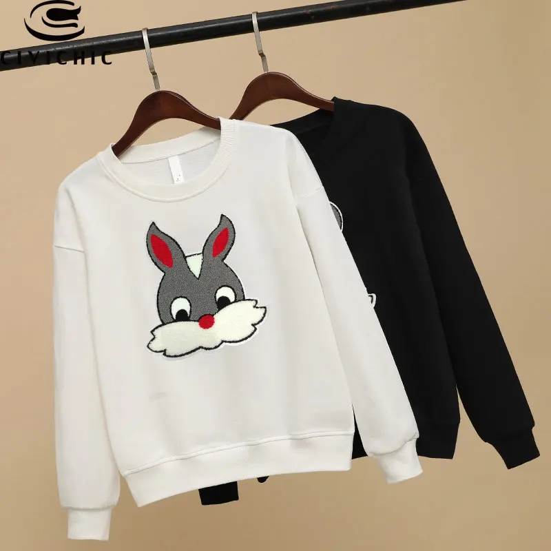 CIVI Chic мультфильм кролик Вышивка Для женщин балахон осень верхняя одежда зимняя плотная Толстовка Весна Свободный пуловер рубашка whd11