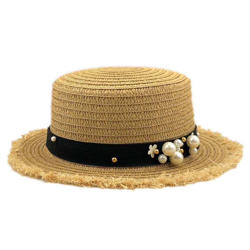 Lovely Flat Top Straw Hat Summer Spring Women'S Trip Caps Leisure Pearl Beach Sun Hats Breathable Fashion Flower Girl Hat