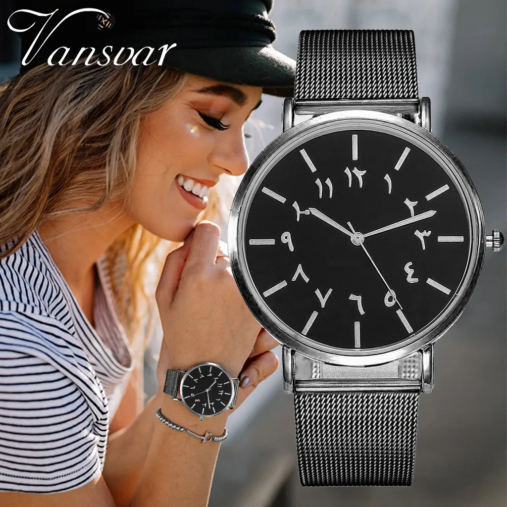 

Hot Fashion Unique Women Arabic Numbers Watch Casual Stainless Steel Mesh Belt Quartz Wrist Watch Women's Watches Silver Clock