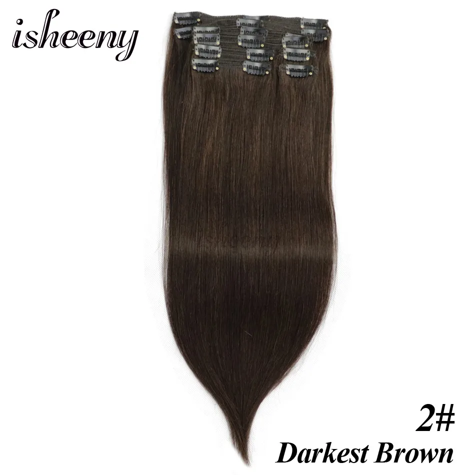 Isheeny Remy(Реми), накладные волосы для наращивания 8 шт./компл. бесшовные натуральные человеческие волосы для наращивания на заколках, на всю голову, бразильский Однотонная одежда волосы на заколках - Цвет: #2