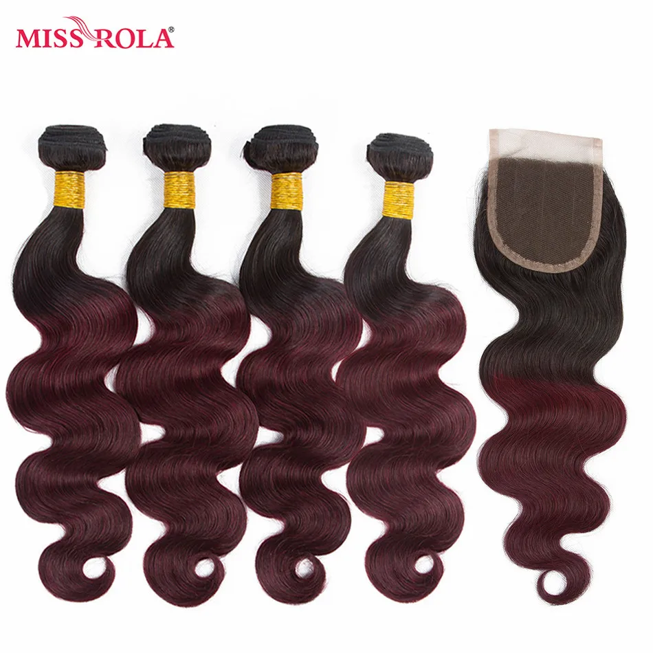 Miss Rola Hair Pre-colored Ombre Brazilian Body Wave Hair #1B/99J Non-Remy Human Hair Weave 4 Bundles With Closure Extensions Miss Rola Hair Pre-colored Ombre Brazilian Body Wave Hair #1B/99J Non-Remy Human Hair Weave 4 Bundles With Closure Extensions
