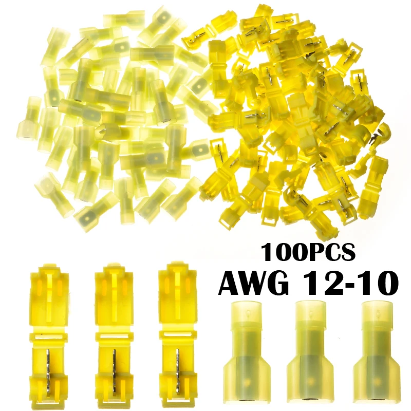 

100PCS Insulated Electrical Connectors Combo Yellow Quick Splice Wire Terminals T-Tap/Male 12-10 AWG