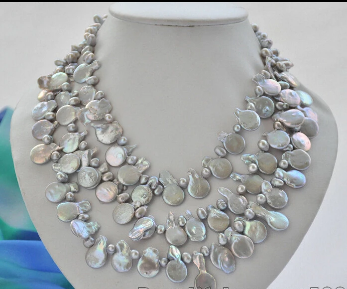

fastZ6999 3Strds 14MM GRAY RICE COIN FRESHWATER PEARL NECKLACE 19inch