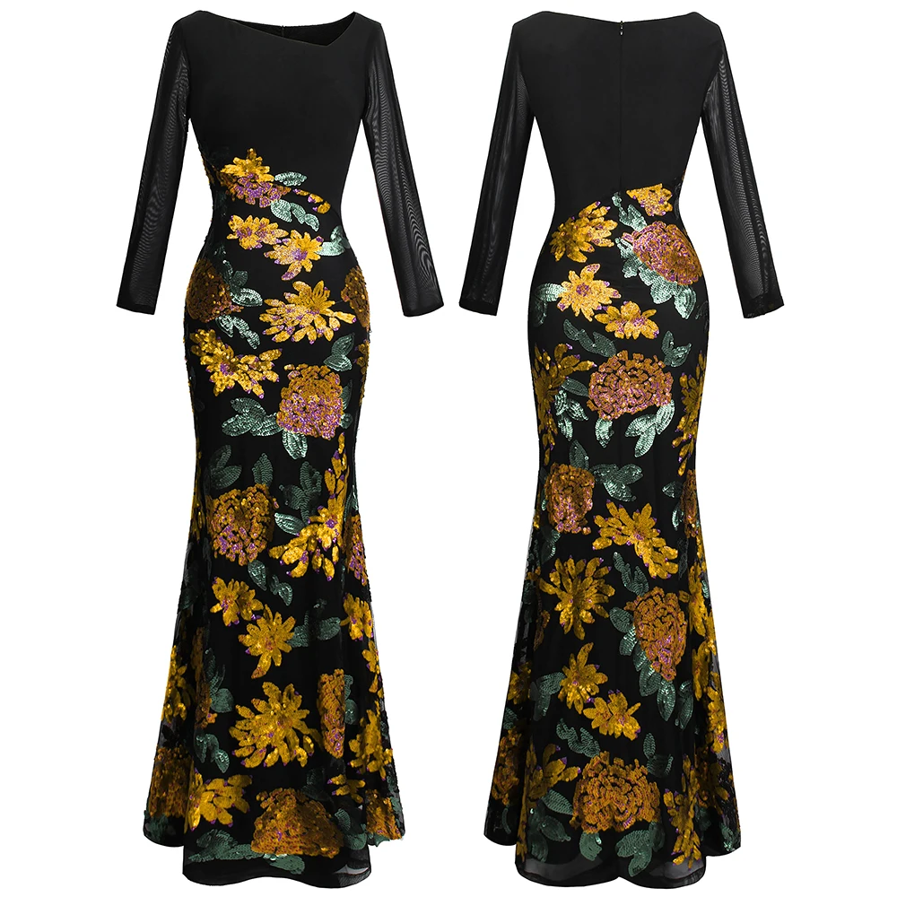 Angel-Fashion, женские вечерние платья с длинным рукавом, цветы, блестки, v-образный вырез, комбинированное вечернее платье, подарок матери, платье 396