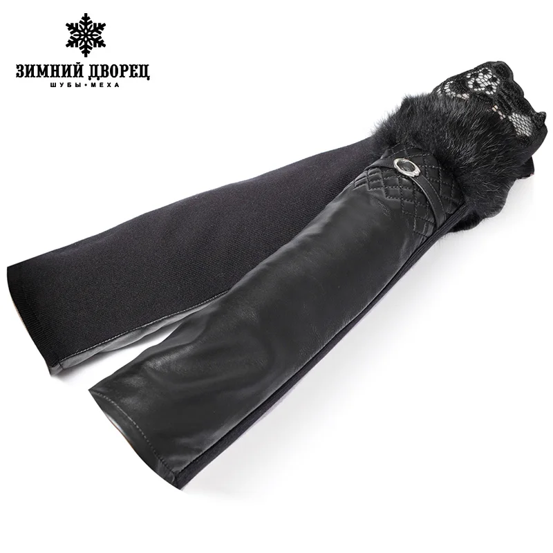 Длинные перчатки, натуральная Кожа, Длина 40-50 СМ, Хлопок, Взрослый, Истинный черный меховые перчатки, Спандекс, кожаные перчатки - Цвет: black