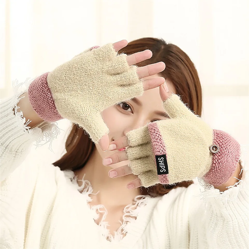 New Arrival Women Thick Female Fingerless Gloves Winter Warm Exposed Finger Mittens Knitted Warm Flip Half Finger Gloves