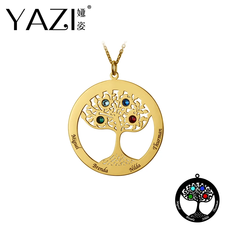 

YAZI Personalize Life Tree Name Necklace With Four Name And Birthstone Pendant Gold Color Copper Engraved Jewelry Memory Gift
