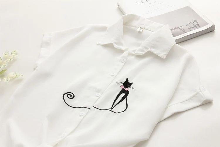 Casual Cat Embroidery Short Sleeve Women's Shirt And Blouses 2018 Summer Linen White Women's Shirts Buttoned Tops Blouse Womens15