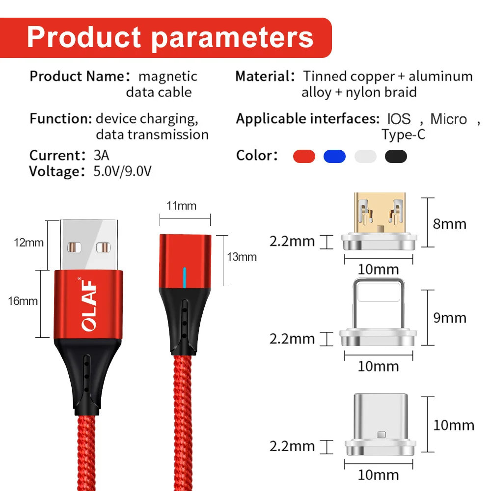 OLAF 3A светодиодный магнитный usb кабель для зарядки Micro для Xiaomi huawei Micro USB кабель для быстрой зарядки для samsung кабель для передачи данных Microusb