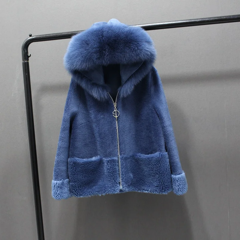 Женская куртка из натурального овечьего меха с натуральным лисьим мехом, с капюшоном, Нормальная длина, зимняя женская верхняя одежда, пальто на молнии, модная одежда, новое поступление - Цвет: blue