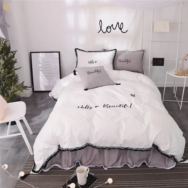 US 100 Cotton White Grey Color Girls Korean Bedding Sets Bedclothes Queen King Size Duvet Cover Bed Skirt Set Bed Sheet Set Pillow In