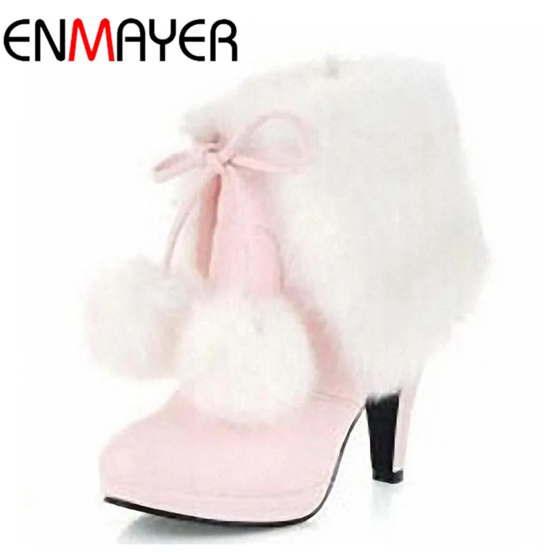ФОТО ENMAYER New Ankle Boots for Women Sexy Fashion Plush Balls Thin Heel Winter Slip-On Snow Boots Large Size34-43 Shoes Women