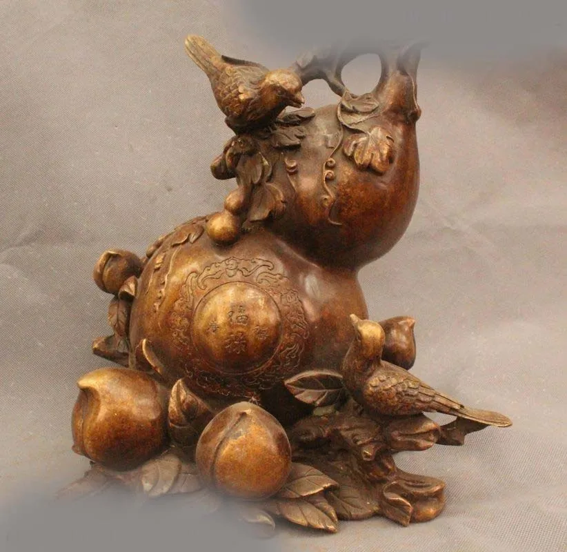 

13" Chinese Fengshui Folk Bronze Bird Peach Fu Bottle Gourd cucurbit calabash DSD66