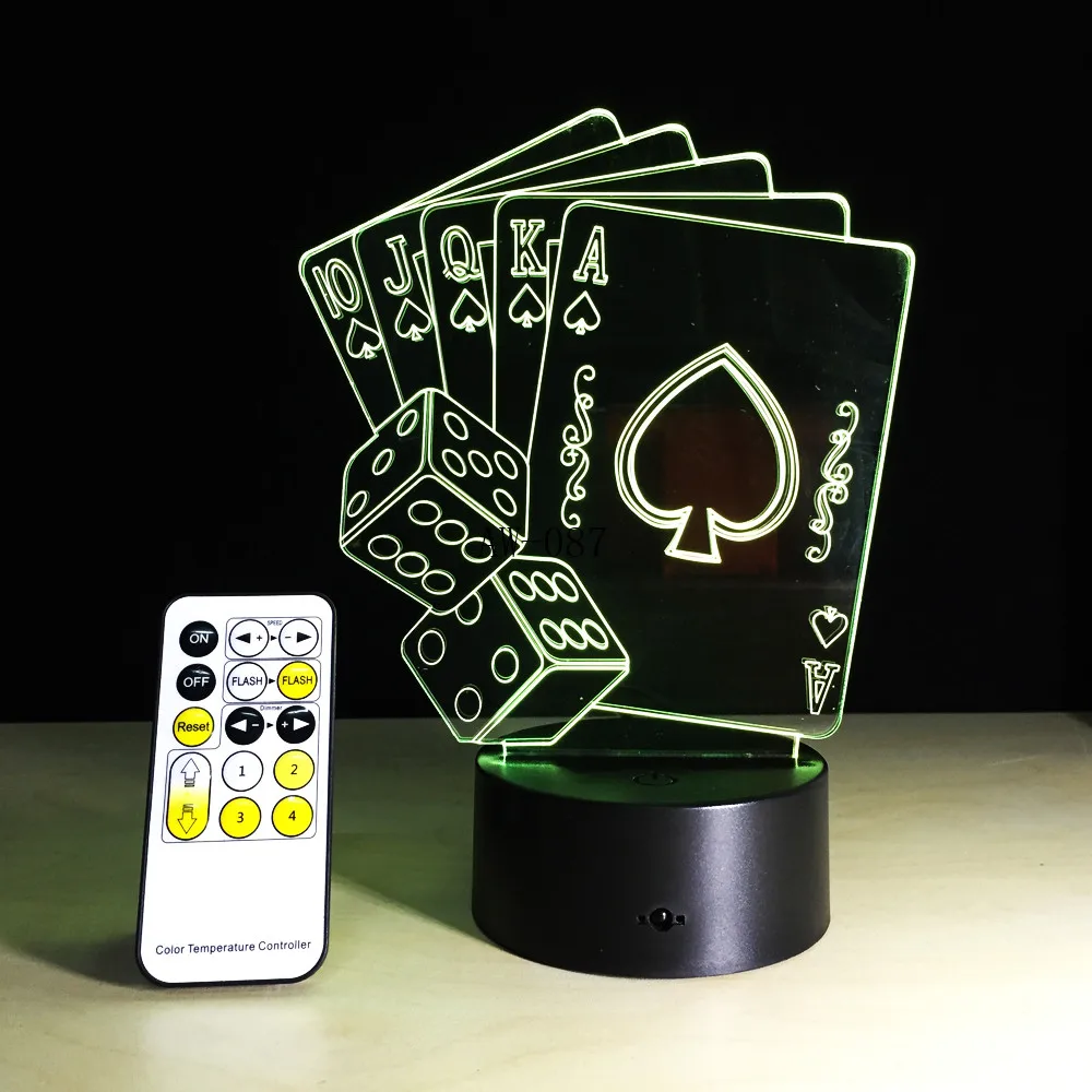 3D светодиодный USB лампа маг украшения TEXAS HOLD EM кости, покер Spades игральных карт 7 цветов Изменение RC Ночник подарок AW-087