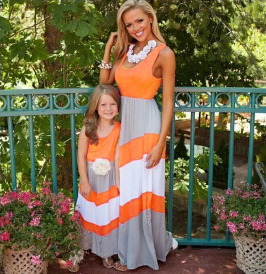 

2019 Spring Summer Orange Stripe Splicing Beach Holiday Long Dress Parent-child Outfit Mom and Daughter Dress