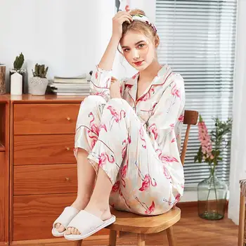 

Satin Pajamas Long sleeve Sets Style Women Sleepwear Suit Home Women Female Sleepwear Sleep Lounge Sexy fashion homewear