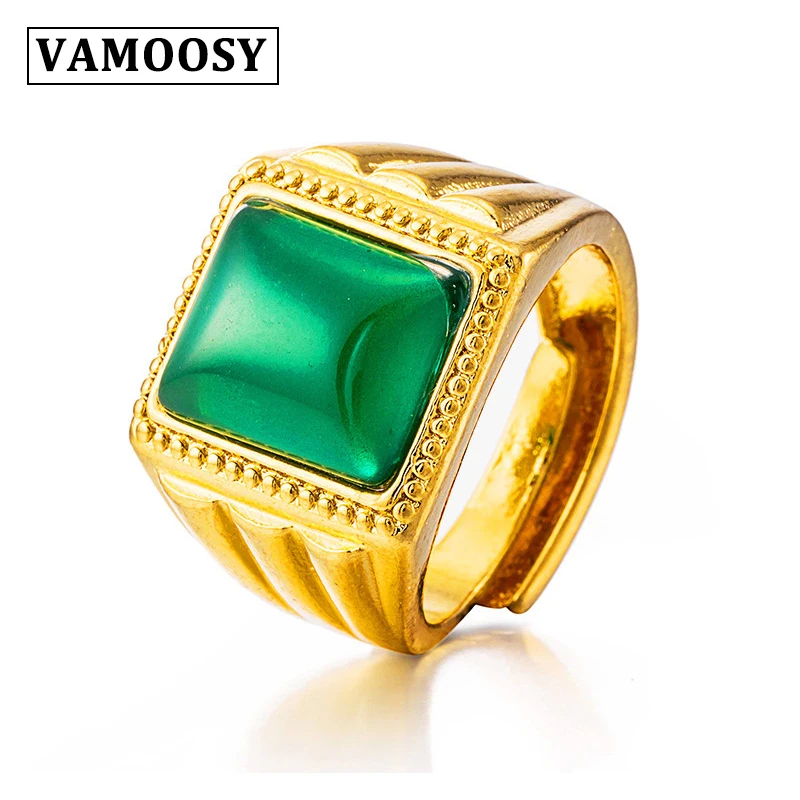 

VAMOOSY 24K Gold Anti-allergy Smooth Simple Wedding Couples Rings simulation naturan stone Bijouterie for Man or Woman Gift