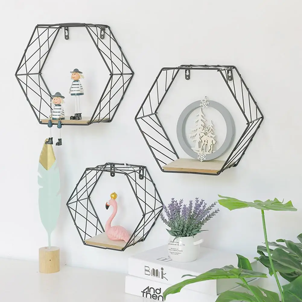 

Creative Iron Hexagon Grid Shelf Combination Wall Hanging Wall Decoration Rack For Home Restaurant Study