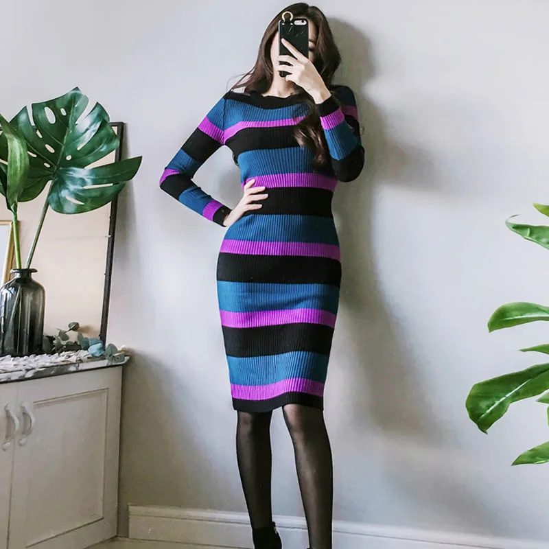 Осенне-зимнее женское обтягивающее платье-свитер в полоску с круглым вырезом, облегающее платье, Элегантное трикотажное платье средней длины Vestidos - Цвет: picture color