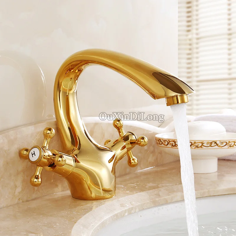 

Golden/Rose Golden Swan Neck Bathroom Basin Faucet Dual Handles Vanity Sink Single Hole Mixer Tap GD04