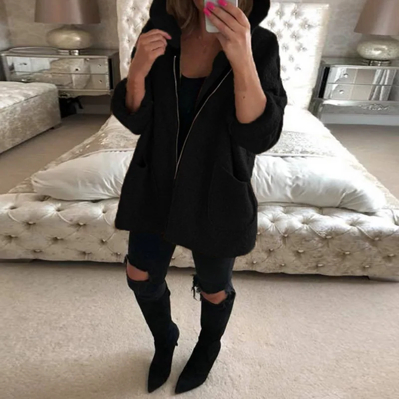 LAAMEI Women Hooded Woolen Coat Jacket Blend Loose Pocket