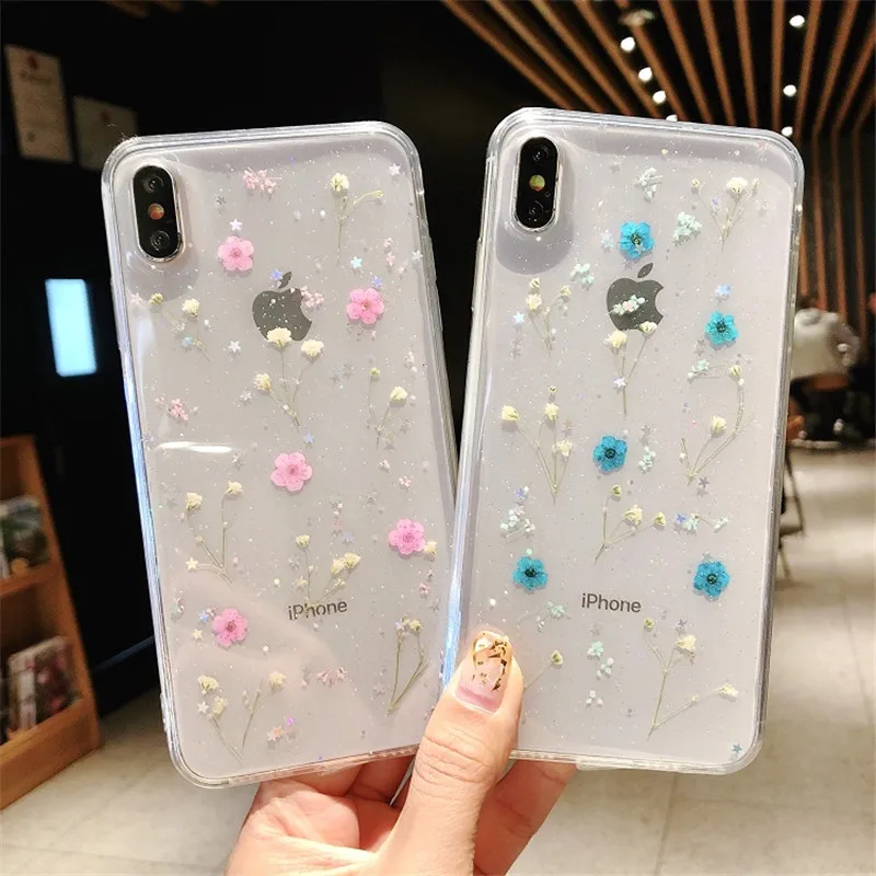 

gypsophila dry flower baby breath floral cell phone case transparent clear mobile phone cover for iphone 6 7 8 plus x xr BIA178
