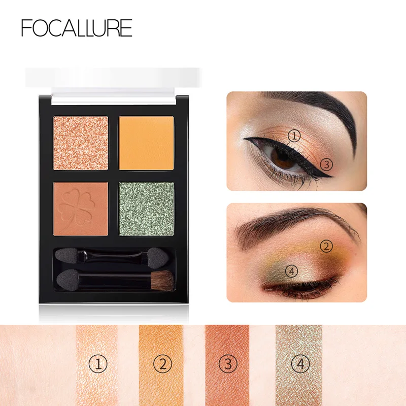 Бренд FOCALLURE Новинка 4 цвета блестящие тени для век Палитра долговечные