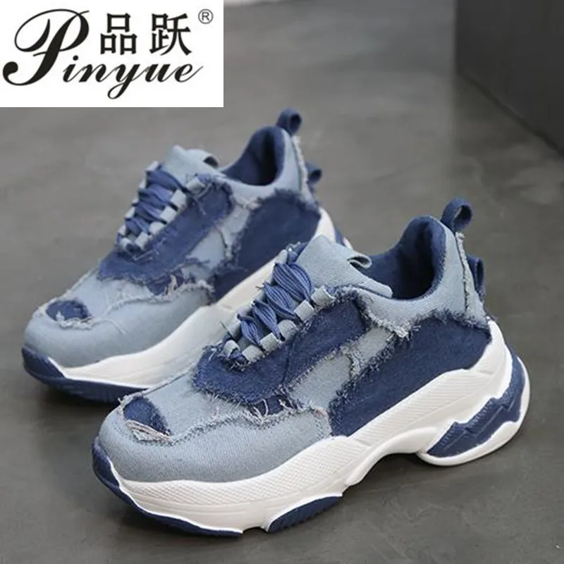 

New 2019 Spring Autumn Ladies Shoes Denim loafers Lace-Up Casual Shoes High Platform Shoes Women Sneakers Flats tenis
