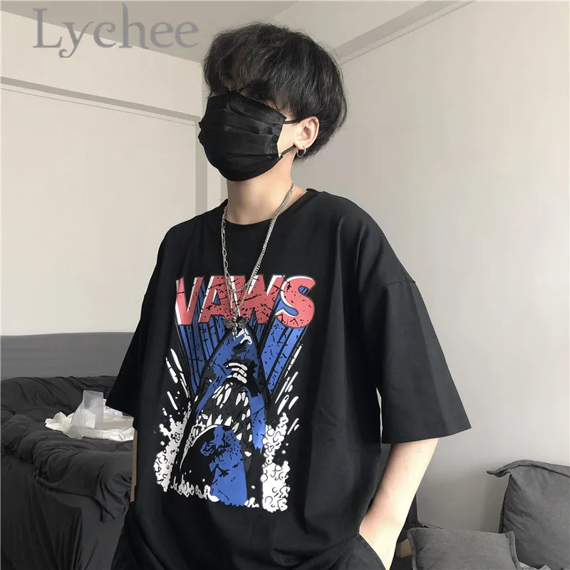 

Lychee Streetwear Shark Letter Print Lady T-shirts Top Tees Spring Summer Crew Neck Loose Short Sleeve Lady T Shirts Top Tees