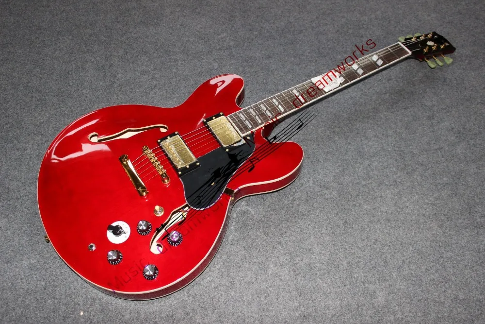 China's guitar firehawk OEM High quality Custom Sunburst Semi Hollow ES335 Jazz Guitar RED Ems free shipping