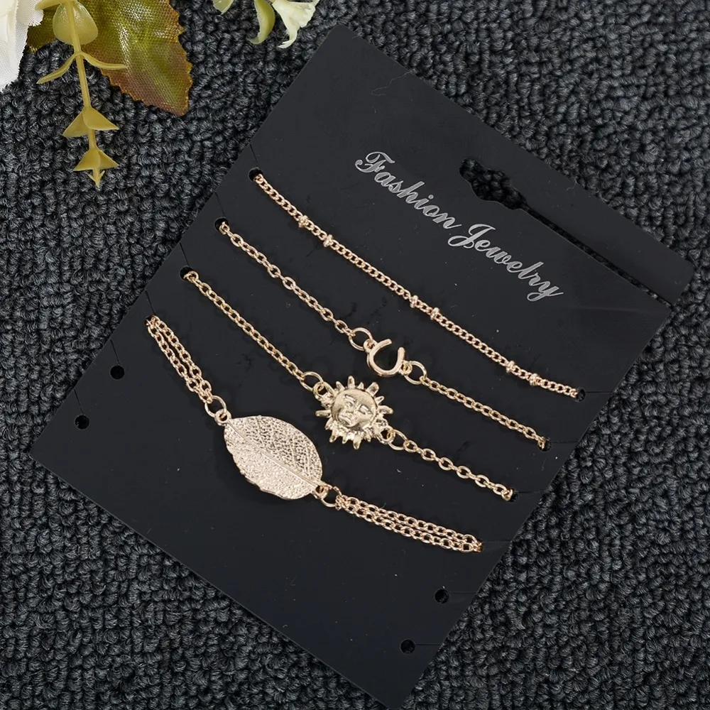 4 Pcs Style Thin Link Chain Sun Leaf Pendant Gold Color Charm Bangle