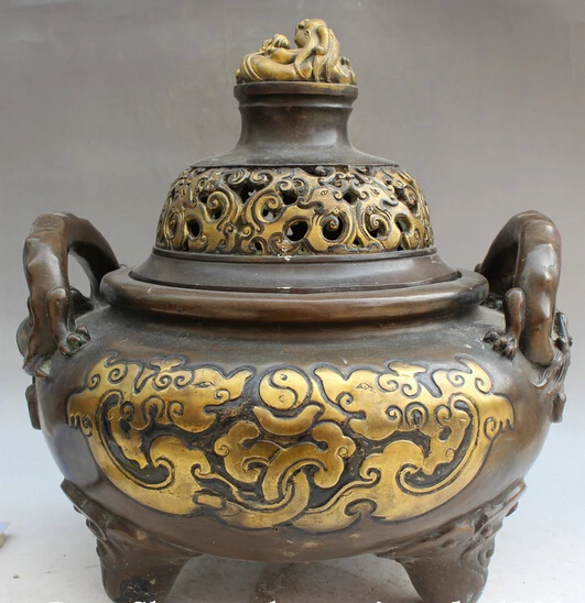 

61 15" Old Marked Chinese Bronze Gild 3 Foot Beast handle Incense Burner Censer Discount 35%