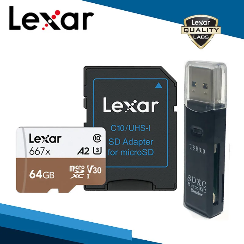 Lexar Micro SD карта высокоскоростная карта памяти 667x128 Гб TF карты 256 ГБ SDXC карты Адаптеры ридеры Usb 3,0 для дрона камеры Gopro - Емкость: 64G Card and Reader