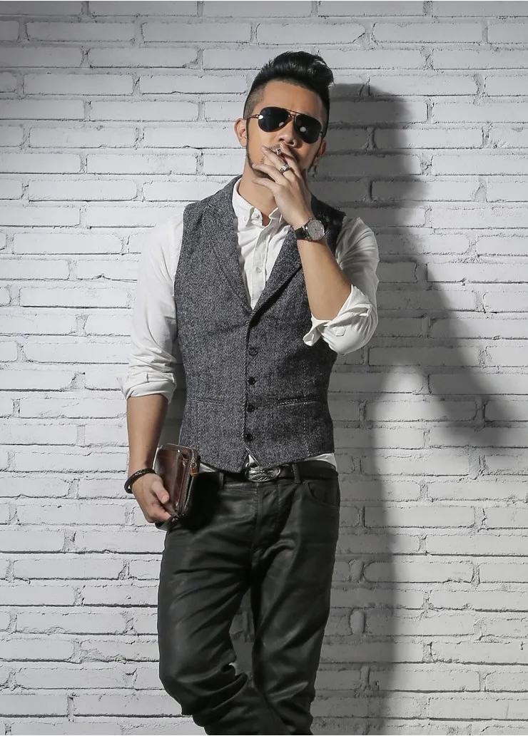 Męskie marki bez rękawów kurtka kamizelka męska garnituru moda męska brytyjski styl Slim Woolen bawełna Single breasted Vintage kamizelka -