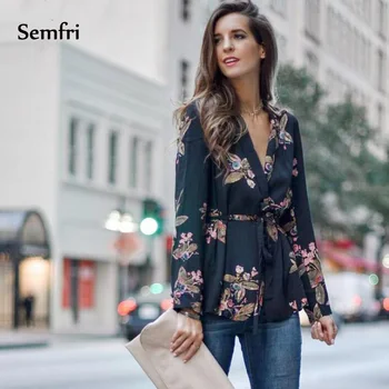 Semfri Blouse Women Black Kimono Shirt Sexy Floral Blouse with Belt 2020 Long Sleeve Autumn Summer New Boho Tops and Blouses knot detail floral blouse with shorts